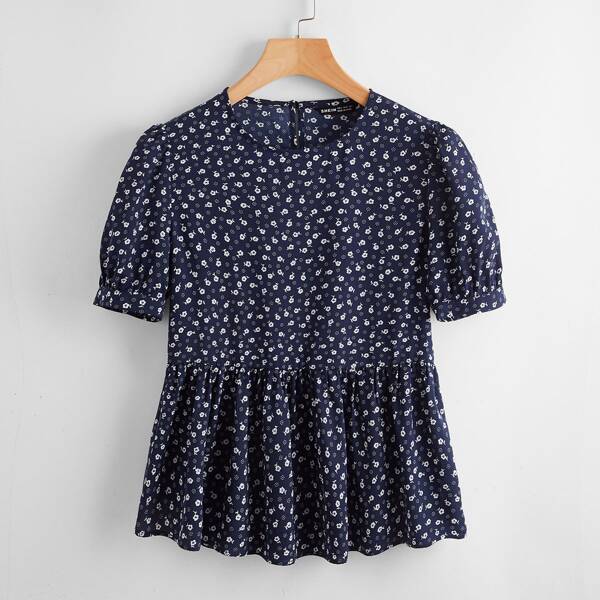 

Ditsy Floral Keyhole Back Peplum Blouse, Navy blue