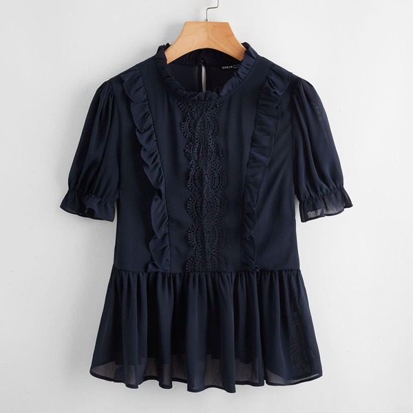 

Frill Neck Contrast Guipure Lace Flounce Sleeve Peplum Blouse, Navy blue