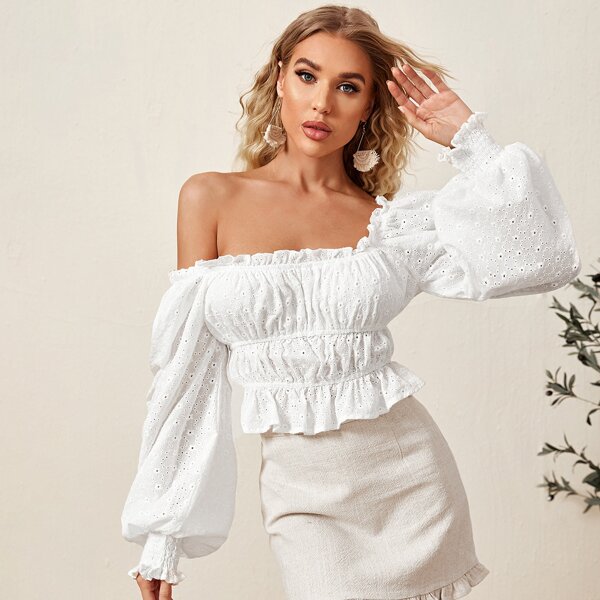 

Bishop Sleeve Shirred Detail Ruffle Trim Schiffy Top, White