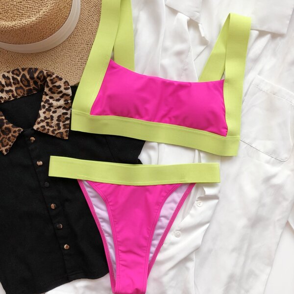 

Color Block Thong Bikini Swimsuit, Hot pink