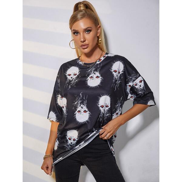 

Drop Shoulder Graphic Print Longline Tee, Black and white