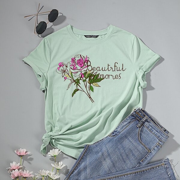 

Floral & Letter Graphic Tee, Pastel mint green