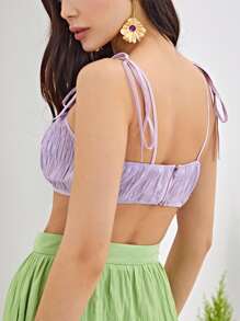 SHEIN VCAY Knot Shoulder Zipper Back Ruched Crop Cami Top - Lilac Purple - View 5