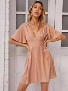 V-neck Flutter Sleeve Swing Dress - Dusty Pink - View 1