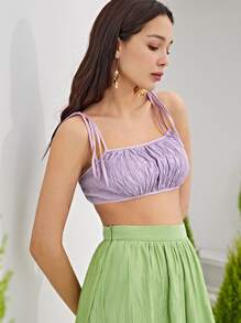 SHEIN VCAY Knot Shoulder Zipper Back Ruched Crop Cami Top - Lilac Purple - View 7