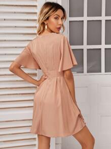 V-neck Flutter Sleeve Swing Dress - Dusty Pink - View 2
