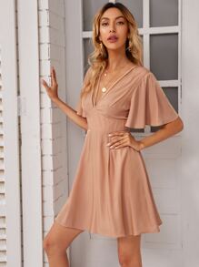 V-neck Flutter Sleeve Swing Dress - Dusty Pink - View 5