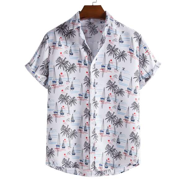

Men Tropical And Sailboat Print Shirt, Multicolor