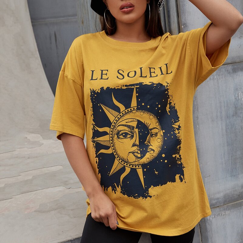 

Letter & Sun & Moon Print Tee, Mustard yellow