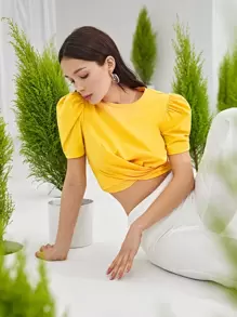 SHEIN Privé Puff Sleeve Cross Wrap Crop Top - Yellow - View 1