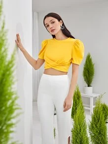 SHEIN Privé Puff Sleeve Cross Wrap Crop Top - Yellow - View 2