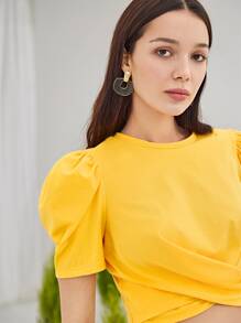 SHEIN Privé Puff Sleeve Cross Wrap Crop Top - Yellow - View 3