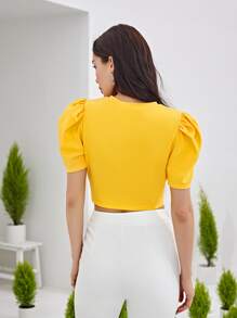 SHEIN Privé Puff Sleeve Cross Wrap Crop Top - Yellow - View 4