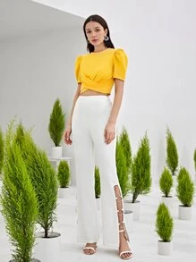 SHEIN Privé Puff Sleeve Cross Wrap Crop Top - Yellow - View 5
