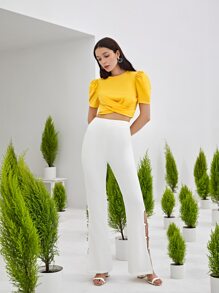 SHEIN Privé Puff Sleeve Cross Wrap Crop Top - Yellow - View 6