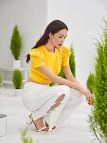 SHEIN Privé Puff Sleeve Cross Wrap Crop Top - Yellow - View 7