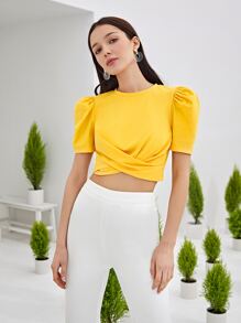 SHEIN Privé Puff Sleeve Cross Wrap Crop Top - Yellow - View 8