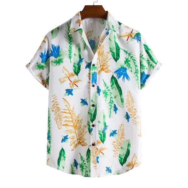 

Men Leaf Print Button Up Shirt, Multicolor