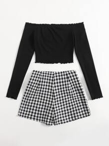 SHEIN Privé 露肩生菜邊短版上衣和圍裹結飾格紋褲裙套裝 - 黑與白 - 查看 2