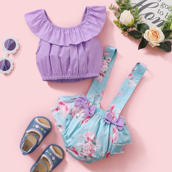 

Baby Girl Bardot Ruffle Top & Bow Front Floral Suspender Shorts, Multicolor