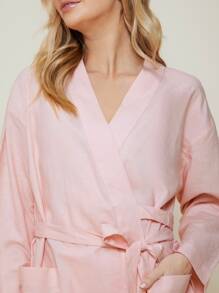 SHEIN Wrap Belted Kimono, For Summer Beach Vacation - Baby Pink - View 4