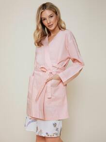 SHEIN Wrap Belted Kimono, For Summer Beach Vacation - Baby Pink - View 6