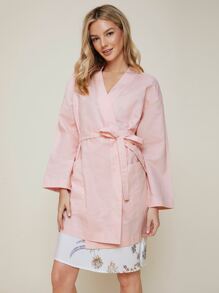 SHEIN Wrap Belted Kimono, For Summer Beach Vacation - Baby Pink - View 7