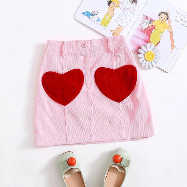 

Toddler Girls Corduroy Heart Patched Skirt, Baby pink