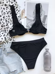 Underwire High Waisted Bikini Set, For Summer Beach Vacation - Black - View 2