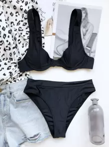 Underwire High Waisted Bikini Set, For Summer Beach Vacation - Black - View 3