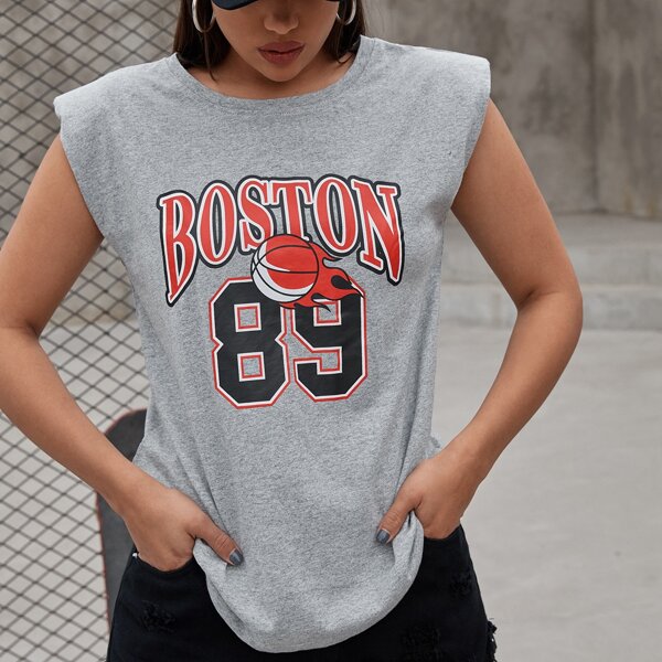 

Letter & Ball Print Tee With Shoulder Pad, Grey