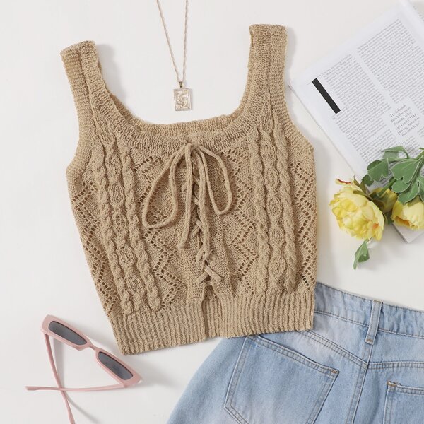 

Lace Up Front Cable Knit Top, Khaki