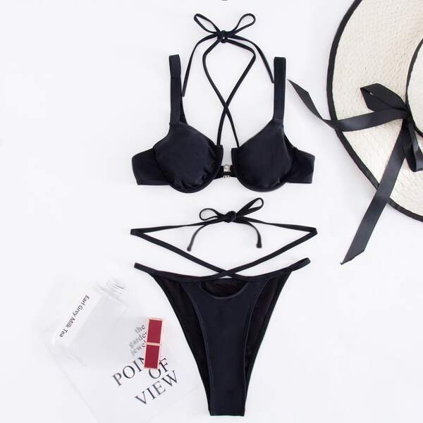 

Criss Cross Underwire Bikini Swimsuit, Black