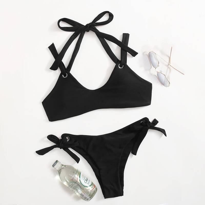 

Solid Halter Tie Side Bikini Swimsuit, Black
