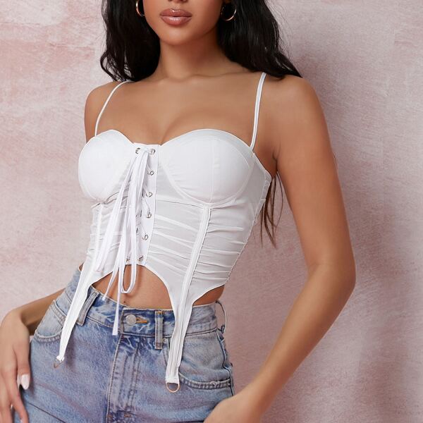 

Ruched Padded Cups Lace-Up Cami Bustier Top, White