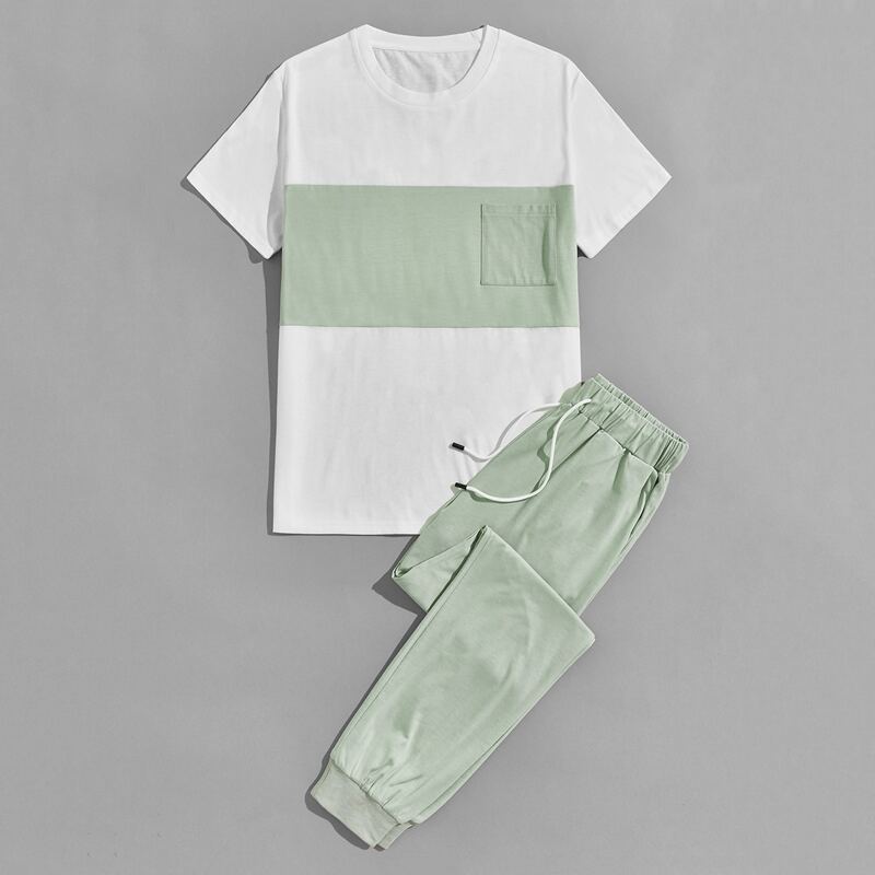 

Guys Contrast Panel Pocket Front Tee & Drawstring Waist Sweatpants, Multicolor
