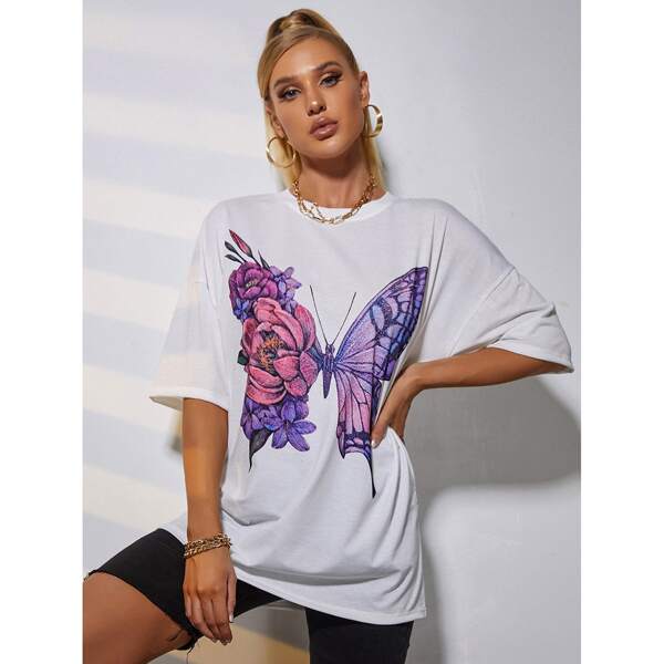 

Drop Shoulder Butterfly Print Longline Tee, White