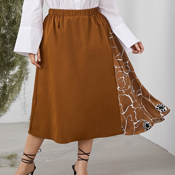 

Plus Abstract Print Elastic Waist Skirt, Brown