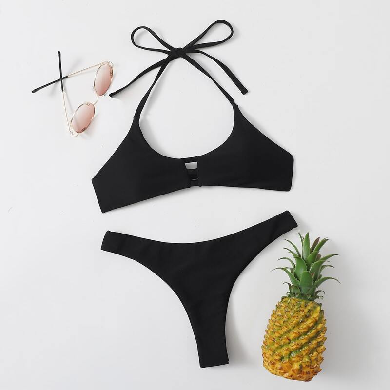 

Solid Halter High Cut Bikini Swimsuit, Black