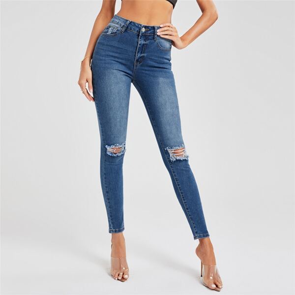 

High Curvy Waist Ripped Skinny Jeans, Medium wash