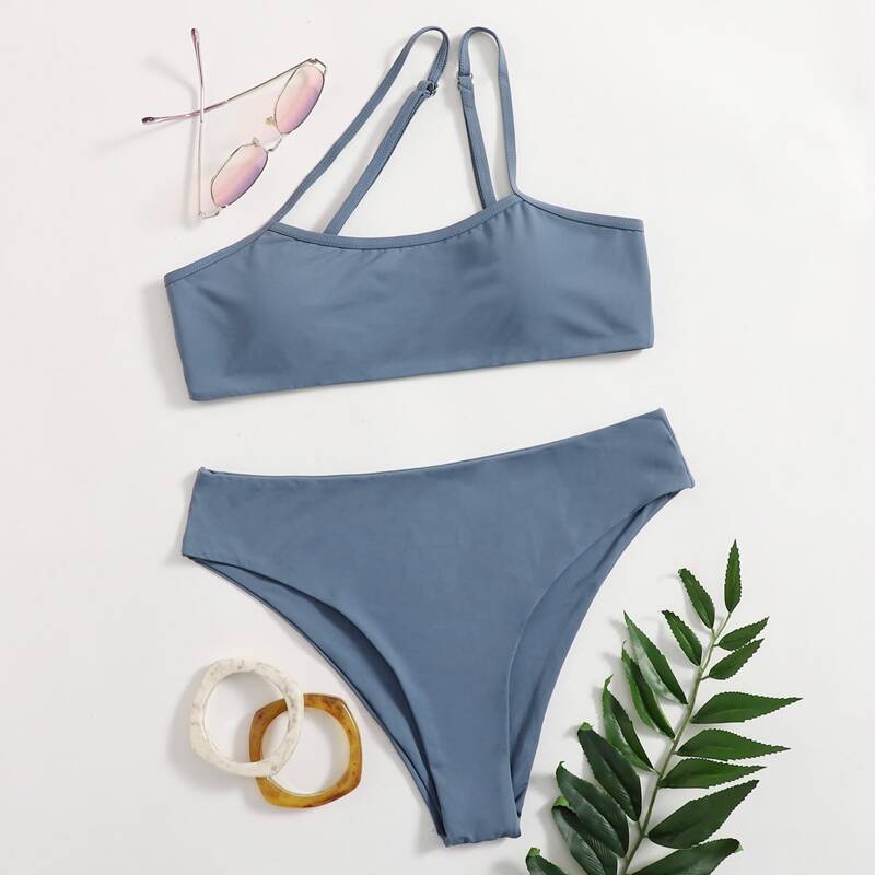 

Solid One Shoulder Bikini Swimsuit, Dusty blue