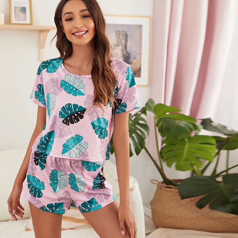 

Tropical Print Round Neck Tee & Shorts PJ Set, Multicolor