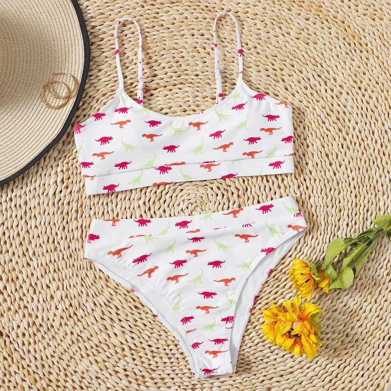 

Cartoon Dinosaur Print Bikini Swimsuit, White
