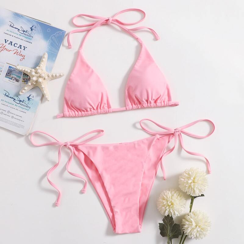 

Solid Triangle Halter Tie Side Bikini Swimsuit, Baby pink