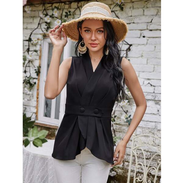 

Keyhole Back Double Button Ruffle Hem Blouse, Black