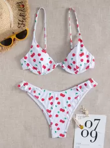 Summer Cherry Print Underwire Bikini Set - Multicolor - View 3