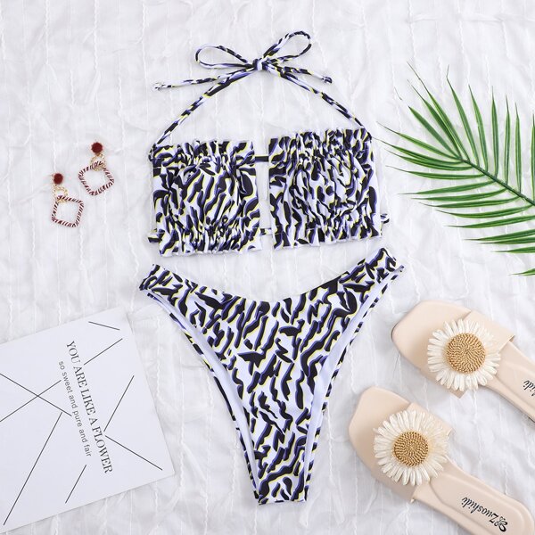 

Allover Print Frill Halter Bikini Swimsuit, Multicolor