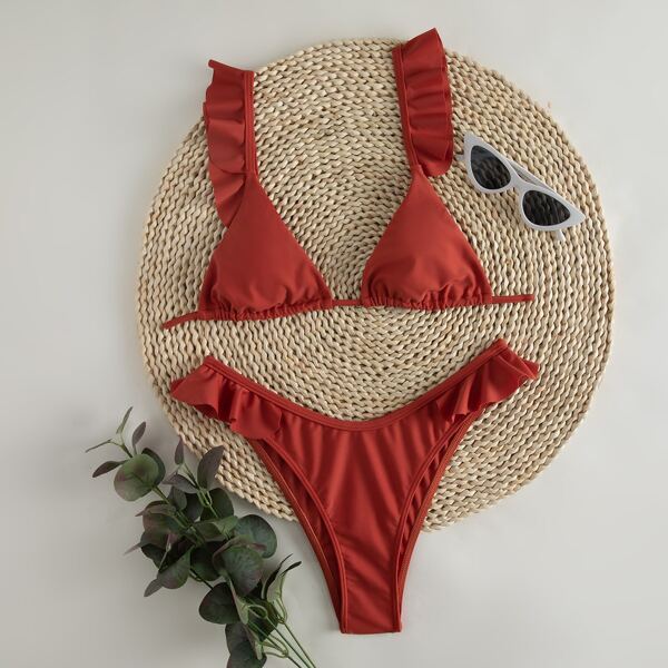 

Ruffle Trim Micro Triangle Bikini Swimsuit, Redwood