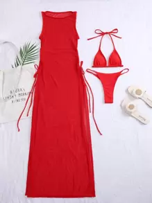 SHEIN Swim 夏季海滩单色比基尼套装 微三角文胸、丁字裤和网眼罩衫 3 件套比基尼