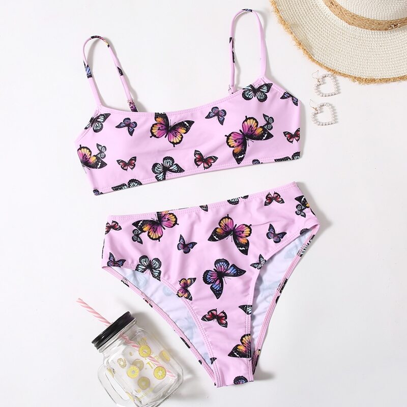 

Butterfly Print High Waist Bikini Swimsuit, Pink